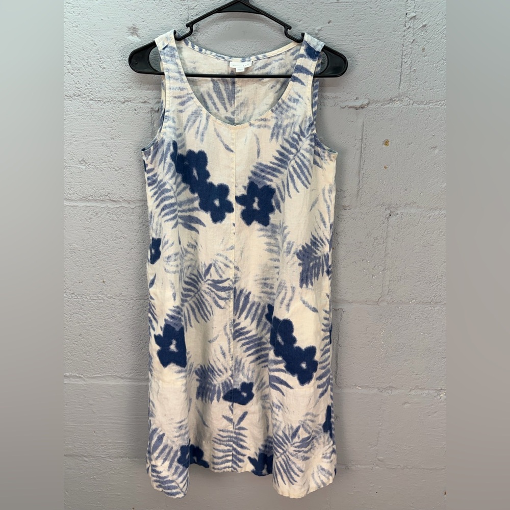 J Jill Love Linen Batik Blue Linen Sleeveless Shift Dress Size Small